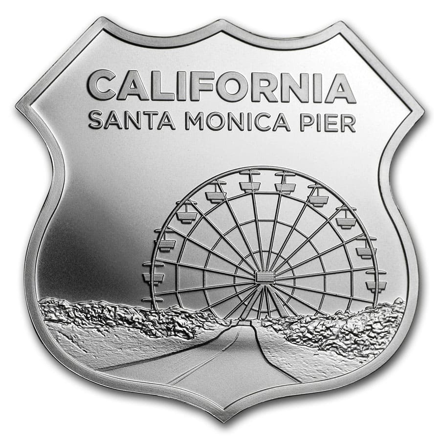 1 TROY OZ .999 SILVER COIN ICONS OF ROUTE 66 SHIELD CALIFORNIA SANTA MONICA PIER